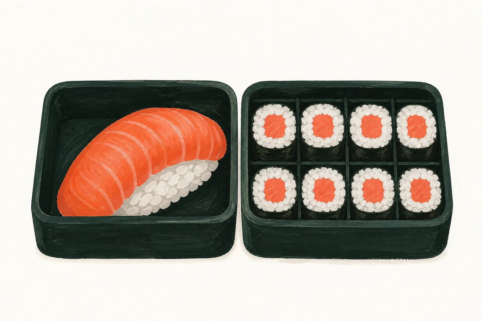Two dark lacquered bento boxes on warm off-white paper, one holding a single oversized piece of salmon nigiri and the other holding eight small maki rolls in a neat grid.