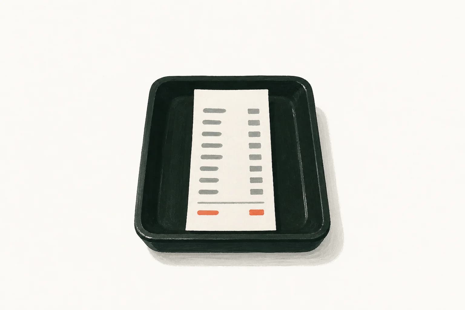 A slim itemised bill lying open on a dark lacquered tray, with abstract line items and a coral total row, painted in flat gouache on warm off-white paper.
