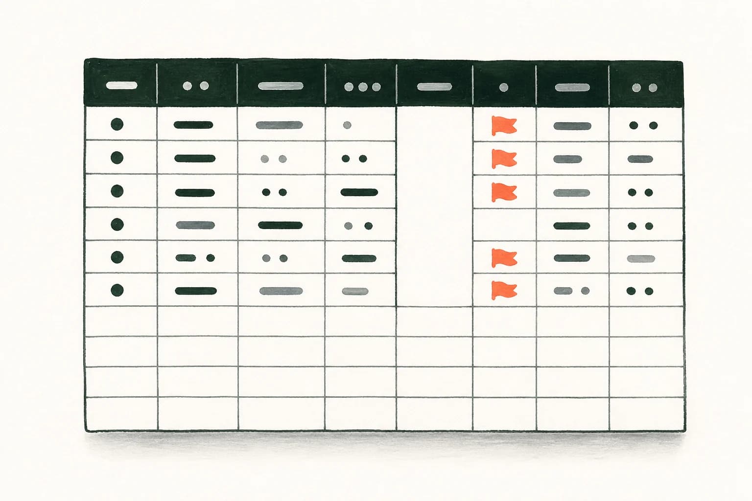 A hand-painted data table on warm off-white paper, with a dark green header, a blank column, and coral flags marking failed rows that trail into empty cells.